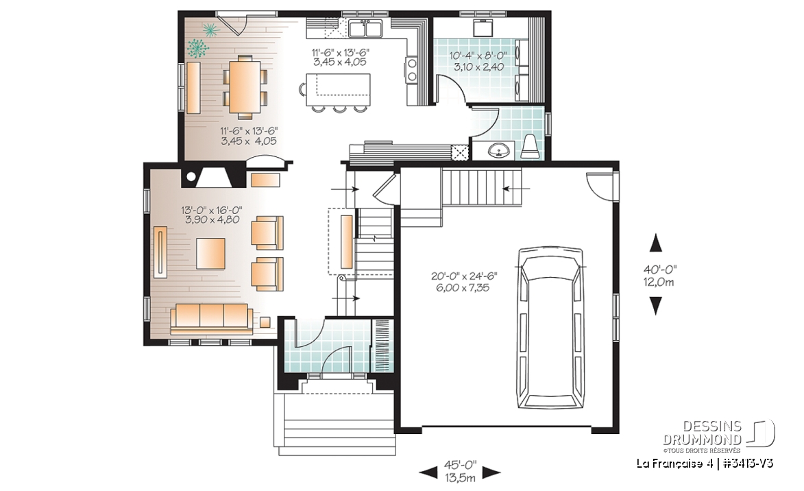 Rez-de-chaussée - Plan de maison 4 chambres, grande buanderie avec chute à linge, grand îlot de cuisine, garage double - La Française 4