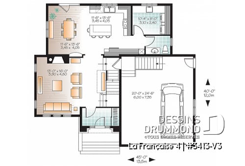 Rez-de-chaussée - Plan de maison 4 chambres, grande buanderie avec chute à linge, grand îlot de cuisine, garage double - La Française 4