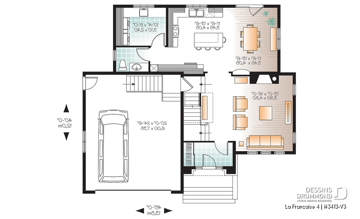 Rez-de-chaussée - Plan de maison 4 chambres, grande buanderie avec chute à linge, grand îlot de cuisine, garage double - La Française 4