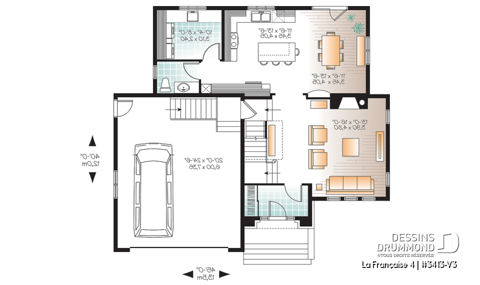 Rez-de-chaussée - Plan de maison 4 chambres, grande buanderie avec chute à linge, grand îlot de cuisine, garage double - La Française 4