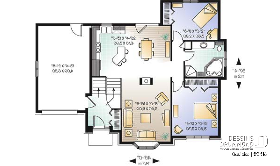 Rez-de-chaussée - Plain-pied à entrée split, petit budget, plafond cathédrale, foyer central, cuisine avec îlot - Gauloise