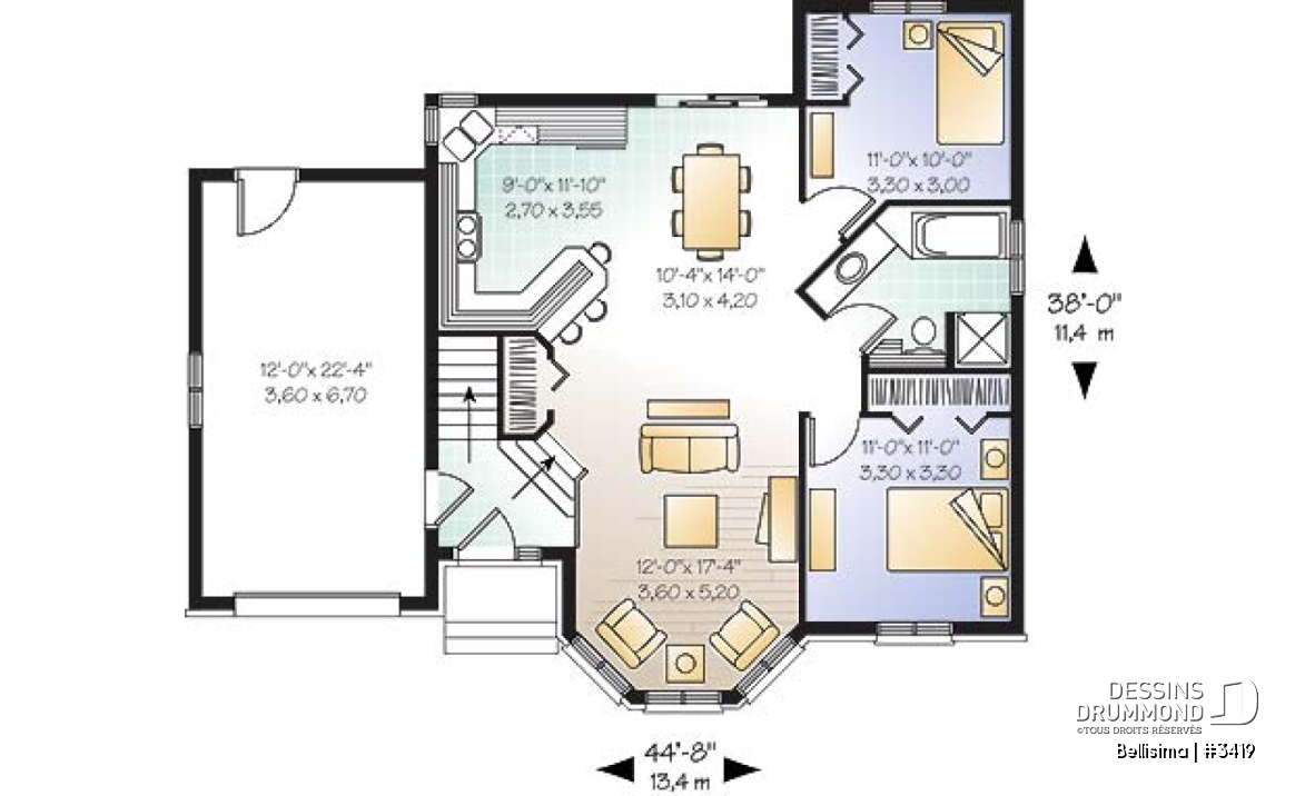 Rez-de-chaussée - Plan de maison à entrée split, séjour bien fenêtré, 2 chambres, s-s à aménager, 1 salle de bain complète - Bellisima