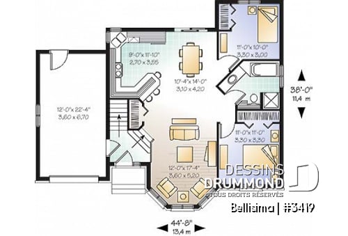 Rez-de-chaussée - Plan de maison à entrée split, séjour bien fenêtré, 2 chambres, s-s à aménager, 1 salle de bain complète - Bellisima