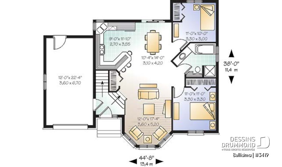 Rez-de-chaussée - Plan de maison à entrée split, séjour bien fenêtré, 2 chambres, s-s à aménager, 1 salle de bain complète - Bellisima