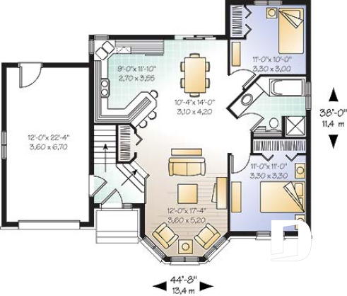 Rez-de-chaussée - Plan de maison à entrée split, séjour bien fenêtré, 2 chambres, s-s à aménager, 1 salle de bain complète - Bellisima