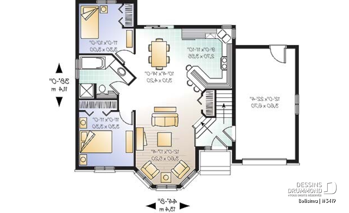 Rez-de-chaussée - Plan de maison à entrée split, séjour bien fenêtré, 2 chambres, s-s à aménager, 1 salle de bain complète - Bellisima