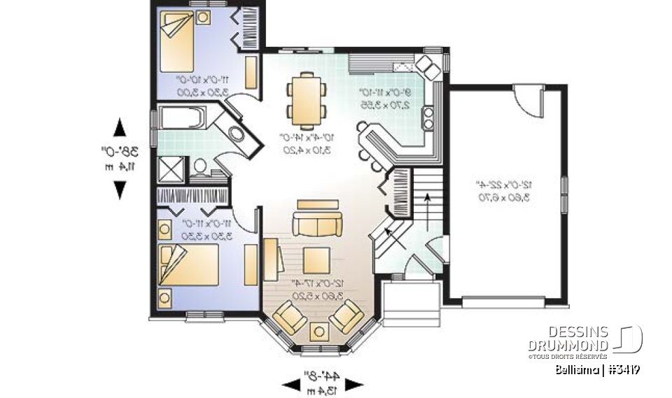Rez-de-chaussée - Plan de maison à entrée split, séjour bien fenêtré, 2 chambres, s-s à aménager, 1 salle de bain complète - Bellisima