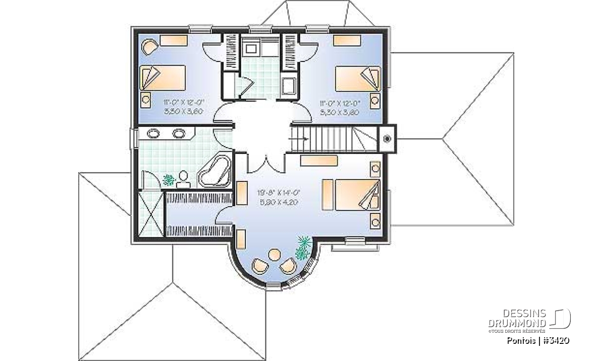 Étage - Plan de maison avec grande chambre des parents, 3 chambres, buanderie à l'étage, bureau, grand séjour, foyer - Pontois