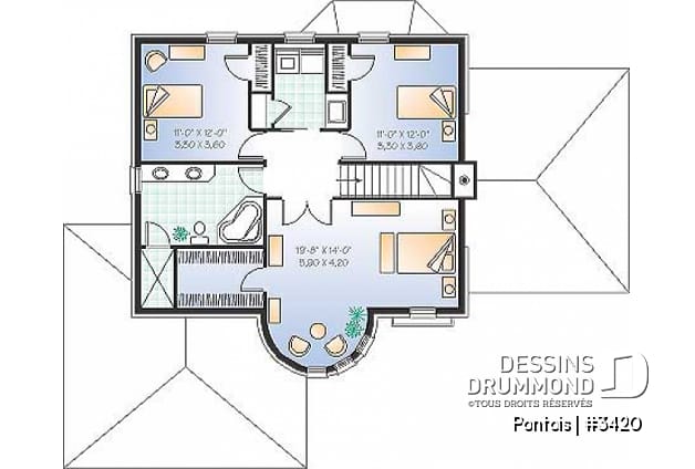 Étage - Plan de maison avec grande chambre des parents, 3 chambres, buanderie à l'étage, bureau, grand séjour, foyer - Pontois
