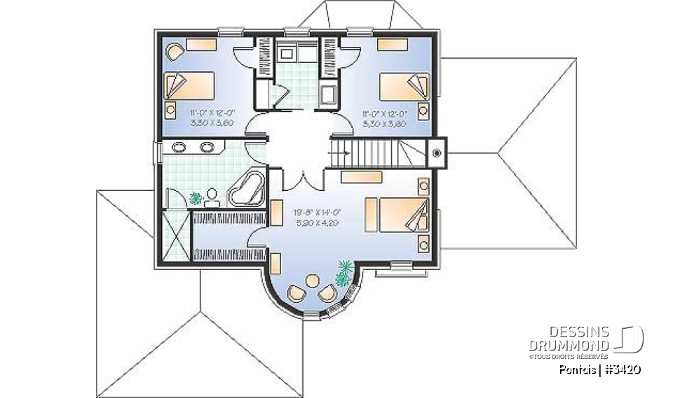 Étage - Plan de maison avec grande chambre des parents, 3 chambres, buanderie à l'étage, bureau, grand séjour, foyer - Pontois