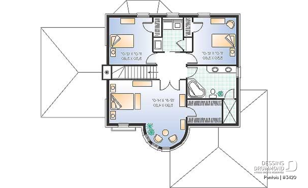 Étage - Plan de maison avec grande chambre des parents, 3 chambres, buanderie à l'étage, bureau, grand séjour, foyer - Pontois