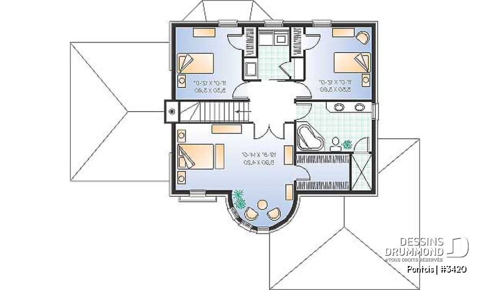 Étage - Plan de maison avec grande chambre des parents, 3 chambres, buanderie à l'étage, bureau, grand séjour, foyer - Pontois