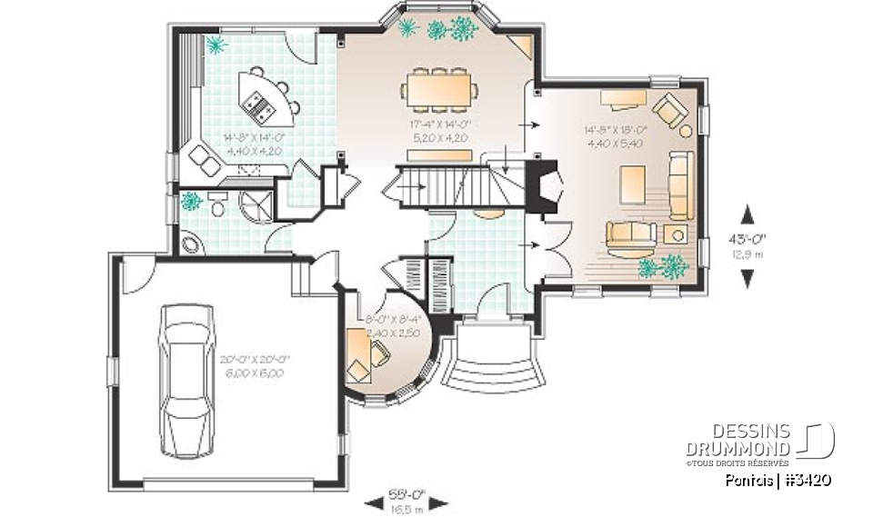 Rez-de-chaussée - Plan de maison avec grande chambre des parents, 3 chambres, buanderie à l'étage, bureau, grand séjour, foyer - Pontois