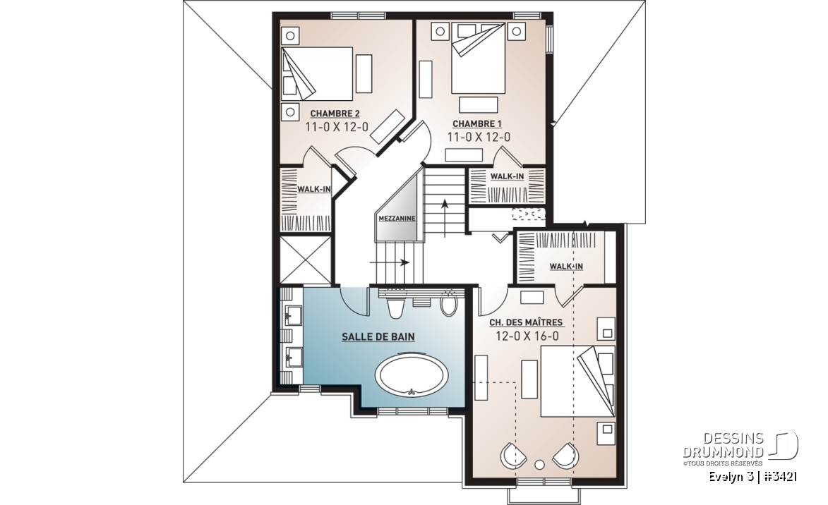 Étage - Plan de maison traditionnelle avec garage et 3 chambres, vestibule à l'entrée, terrasse abritée - Evelyn 3