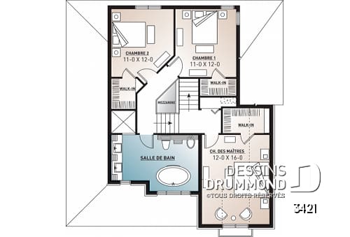 Étage - Plan de maison farmhouse américaine 3 chambres, foyer, garage - Evelyn 3