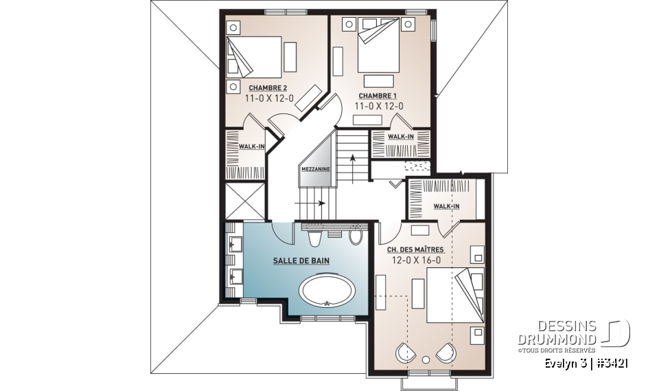 Étage - Plan de maison traditionnelle avec garage et 3 chambres, vestibule à l'entrée, terrasse abritée - Evelyn 3