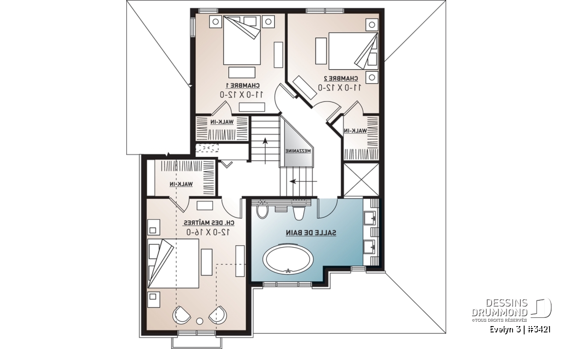 Étage - Plan de maison traditionnelle avec garage et 3 chambres, vestibule à l'entrée, terrasse abritée - Evelyn 3