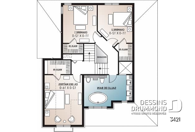 Étage - Plan de maison traditionnelle avec garage et 3 chambres, vestibule à l'entrée, terrasse abritée - Evelyn 3