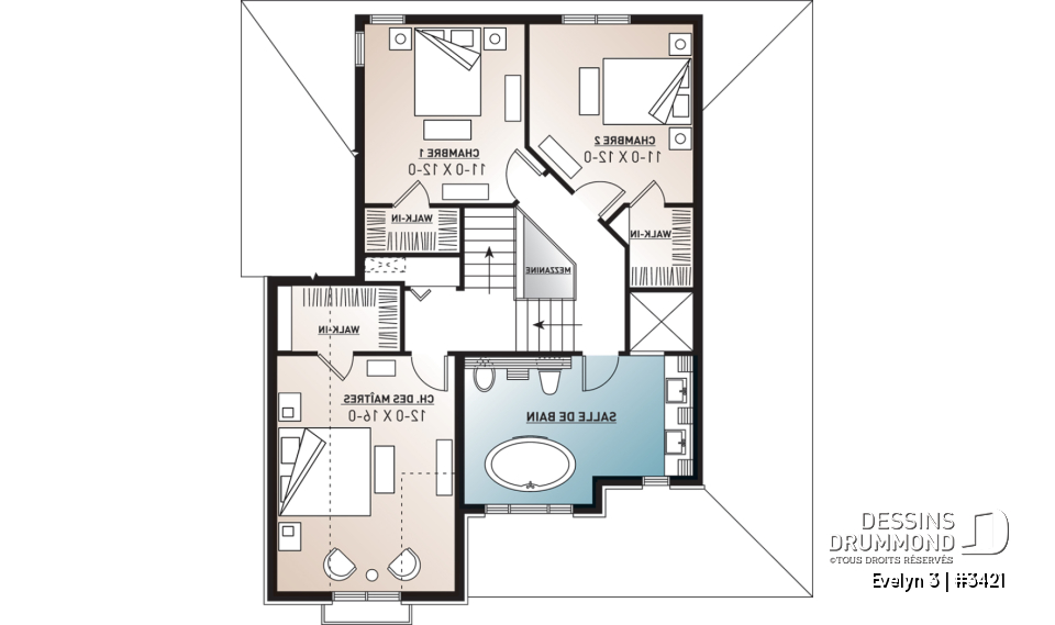Étage - Plan de maison traditionnelle avec garage et 3 chambres, vestibule à l'entrée, terrasse abritée - Evelyn 3