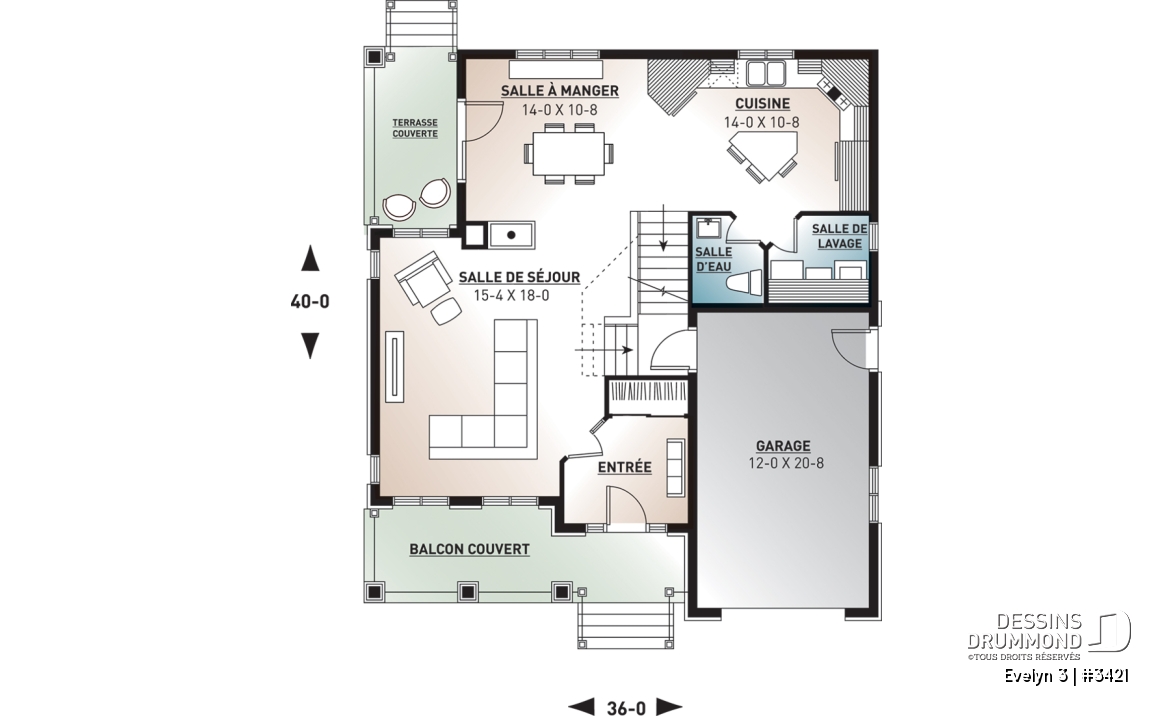 Rez-de-chaussée - Plan de maison traditionnelle avec garage et 3 chambres, vestibule à l'entrée, terrasse abritée - Evelyn 3