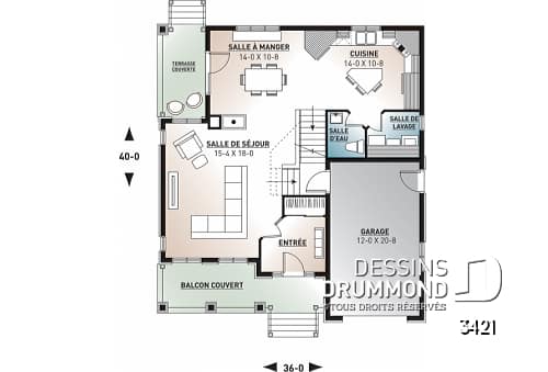 Rez-de-chaussée - Plan de maison farmhouse américaine 3 chambres, foyer, garage - Evelyn 3