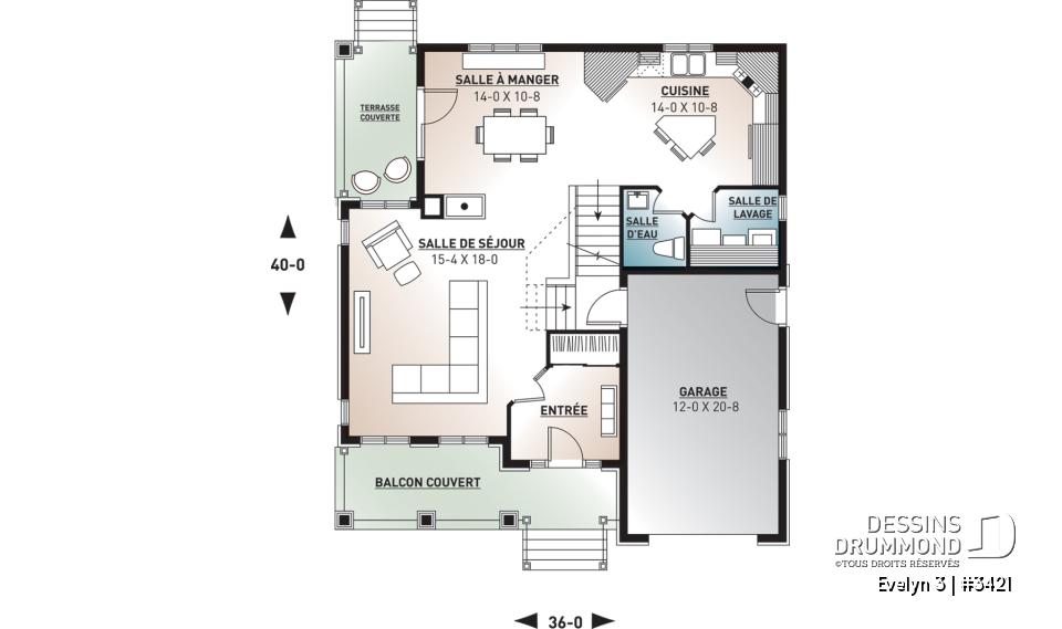 Rez-de-chaussée - Plan de maison traditionnelle avec garage et 3 chambres, vestibule à l'entrée, terrasse abritée - Evelyn 3
