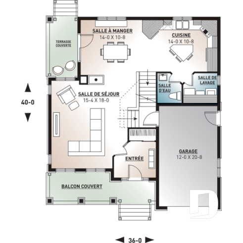 Rez-de-chaussée - Plan de maison traditionnelle avec garage et 3 chambres, vestibule à l'entrée, terrasse abritée - Evelyn 3