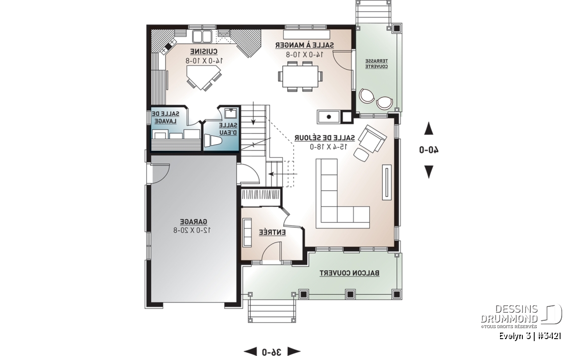 Rez-de-chaussée - Plan de maison traditionnelle avec garage et 3 chambres, vestibule à l'entrée, terrasse abritée - Evelyn 3