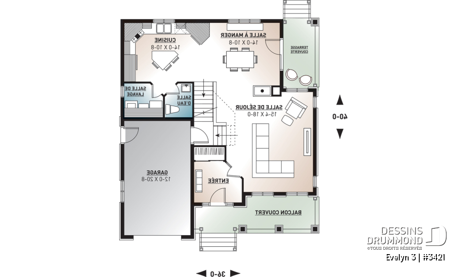 Rez-de-chaussée - Plan de maison traditionnelle avec garage et 3 chambres, vestibule à l'entrée, terrasse abritée - Evelyn 3