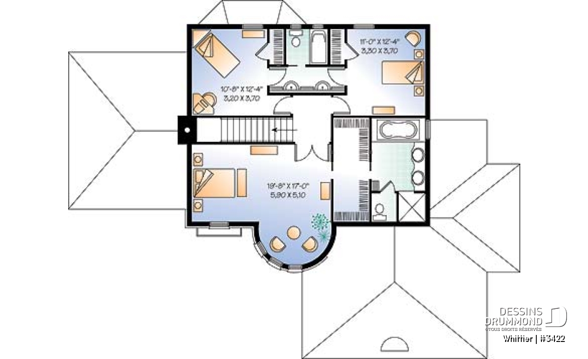 Étage - Plan de manoir style Européen, 3 chambres, plafond 12' au séjour, cuisine avec îlot, bureau, garage double - Whittier