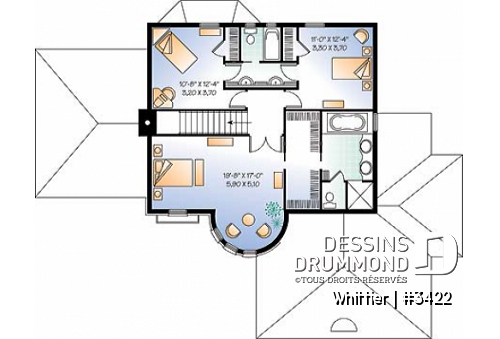 Étage - Plan de manoir style Européen, 3 chambres, plafond 12' au séjour, cuisine avec îlot, bureau, garage double - Whittier