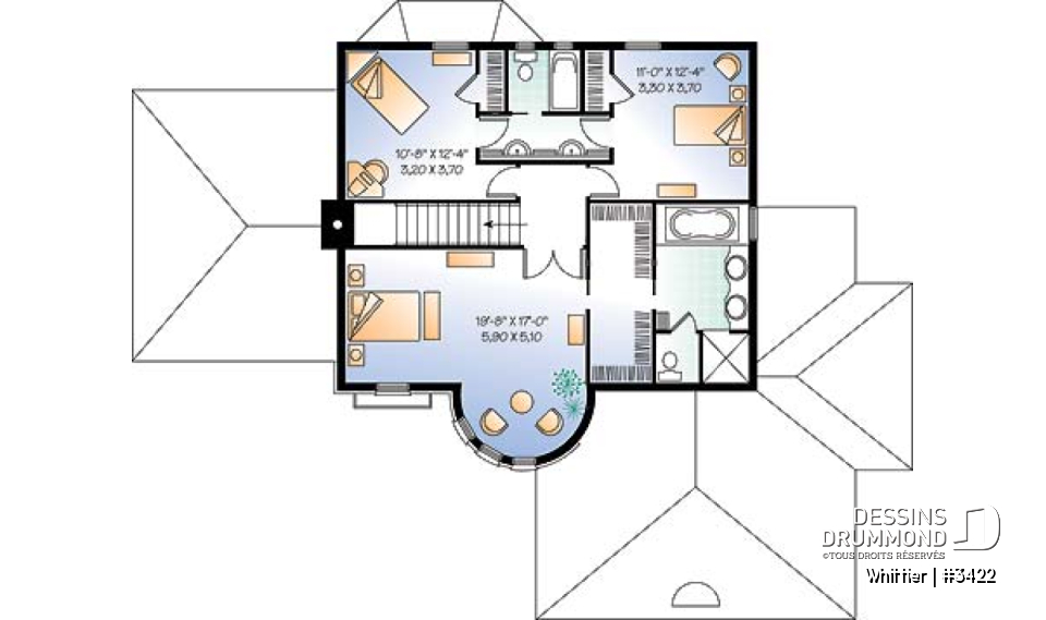 Étage - Plan de manoir style Européen, 3 chambres, plafond 12' au séjour, cuisine avec îlot, bureau, garage double - Whittier