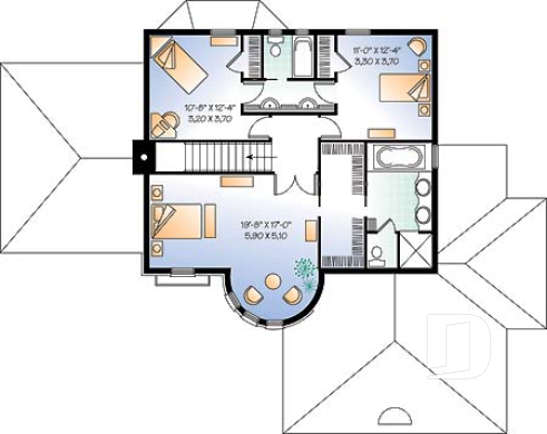 Étage - Plan de manoir style Européen, 3 chambres, plafond 12' au séjour, cuisine avec îlot, bureau, garage double - Whittier