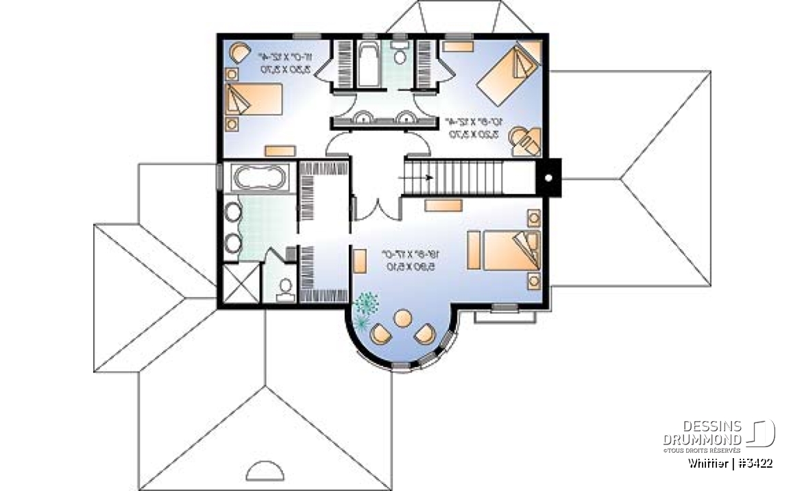 Étage - Plan de manoir style Européen, 3 chambres, plafond 12' au séjour, cuisine avec îlot, bureau, garage double - Whittier