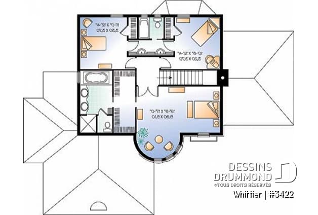 Étage - Plan de manoir style Européen, 3 chambres, plafond 12' au séjour, cuisine avec îlot, bureau, garage double - Whittier