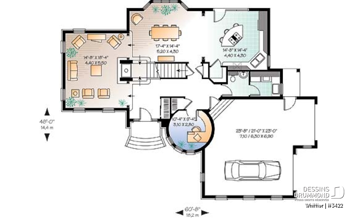 Rez-de-chaussée - Plan de manoir style Européen, 3 chambres, plafond 12' au séjour, cuisine avec îlot, bureau, garage double - Whittier