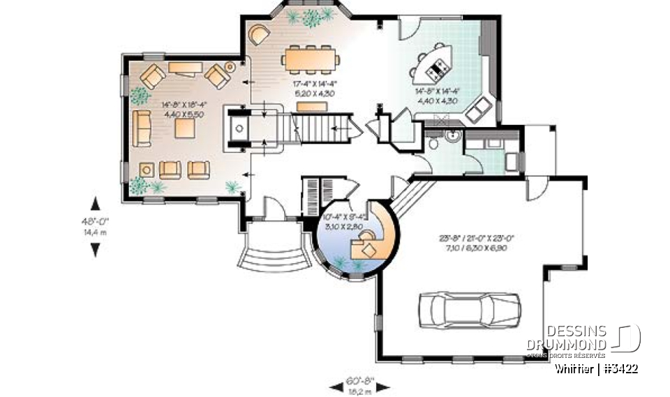 Rez-de-chaussée - Plan de manoir style Européen, 3 chambres, plafond 12' au séjour, cuisine avec îlot, bureau, garage double - Whittier