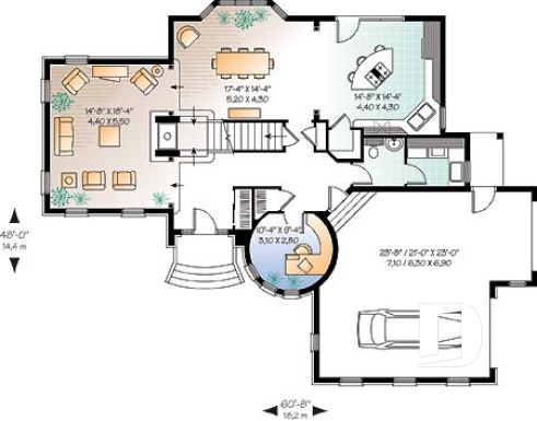 Rez-de-chaussée - Plan de manoir style Européen, 3 chambres, plafond 12' au séjour, cuisine avec îlot, bureau, garage double - Whittier