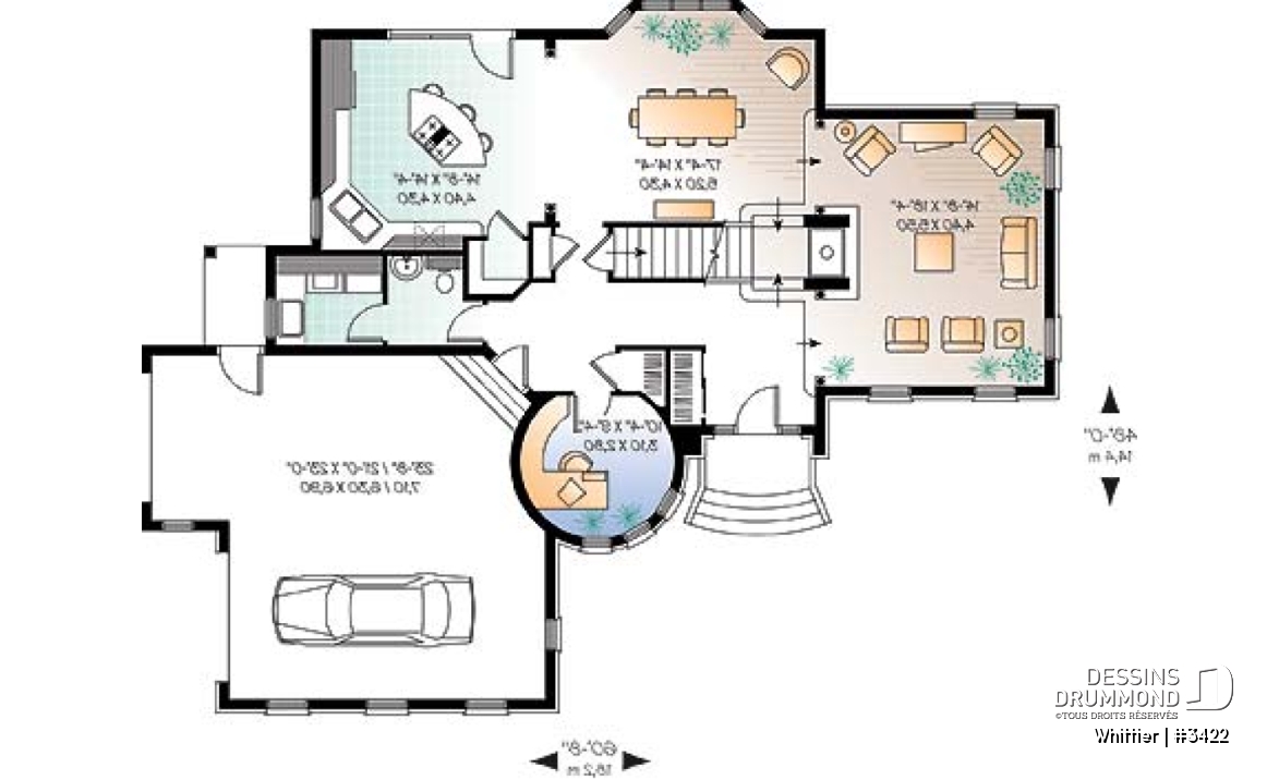 Rez-de-chaussée - Plan de manoir style Européen, 3 chambres, plafond 12' au séjour, cuisine avec îlot, bureau, garage double - Whittier
