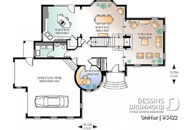 Rez-de-chaussée - Plan de manoir style Européen, 3 chambres, plafond 12' au séjour, cuisine avec îlot, bureau, garage double - Whittier
