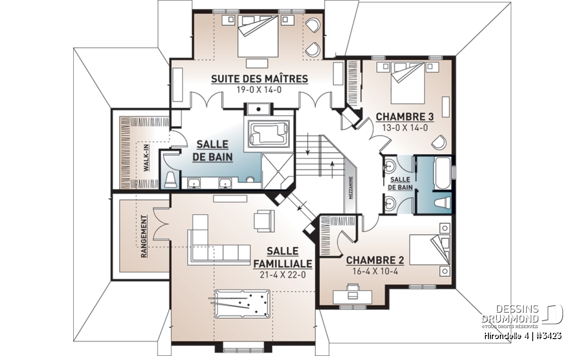 Étage - Plan de grande maison farmhouse champêtre, 3- 4 chambres, garage triple, 2 salons, bureau, foyer, buanderie - Hirondelle 4