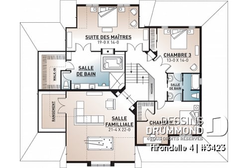 Étage - Plan de grande maison farmhouse champêtre, 3- 4 chambres, garage triple, 2 salons, bureau, foyer, buanderie - Hirondelle 4