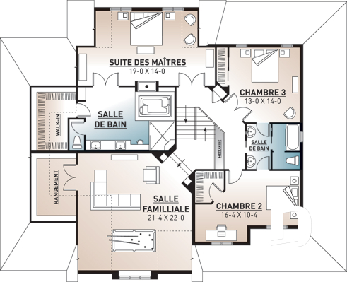 Étage - Plan de grande maison farmhouse champêtre, 3- 4 chambres, garage triple, 2 salons, bureau, foyer, buanderie - Hirondelle 4