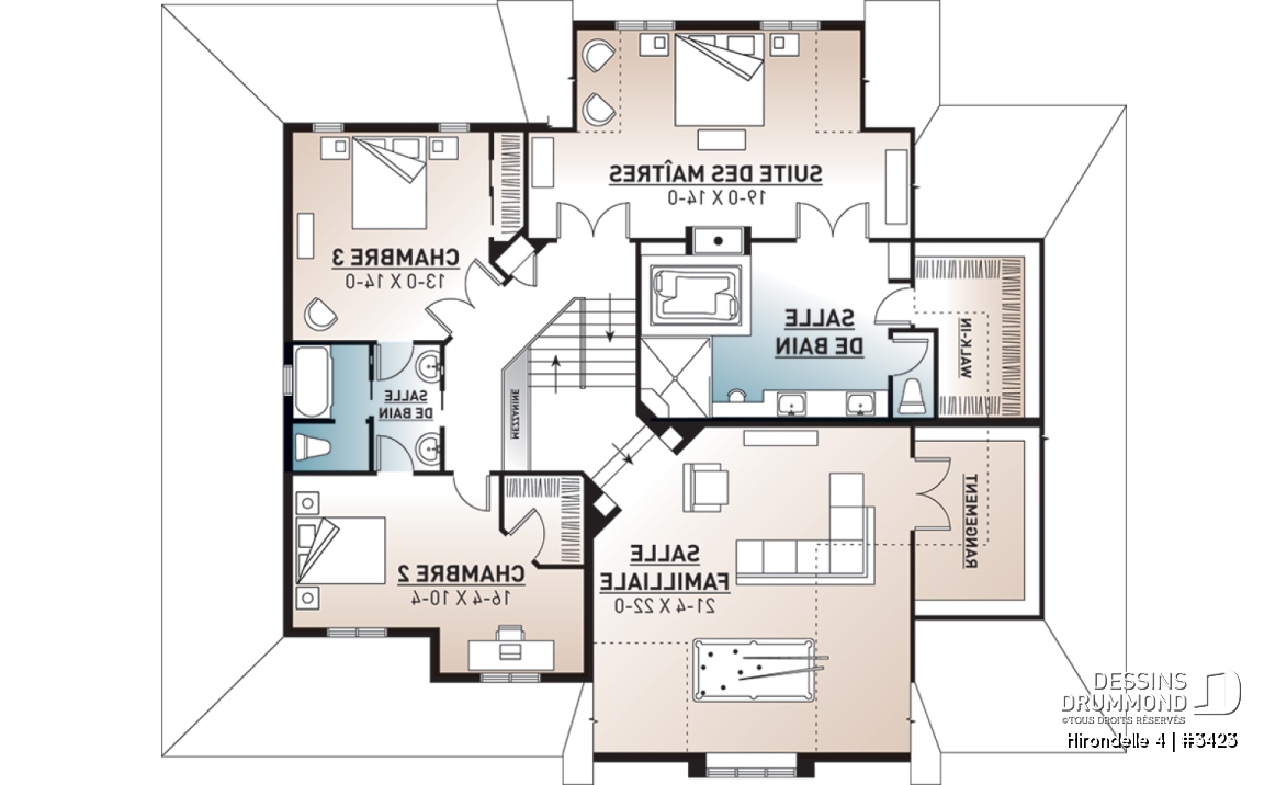 Étage - Plan de grande maison farmhouse champêtre, 3- 4 chambres, garage triple, 2 salons, bureau, foyer, buanderie - Hirondelle 4