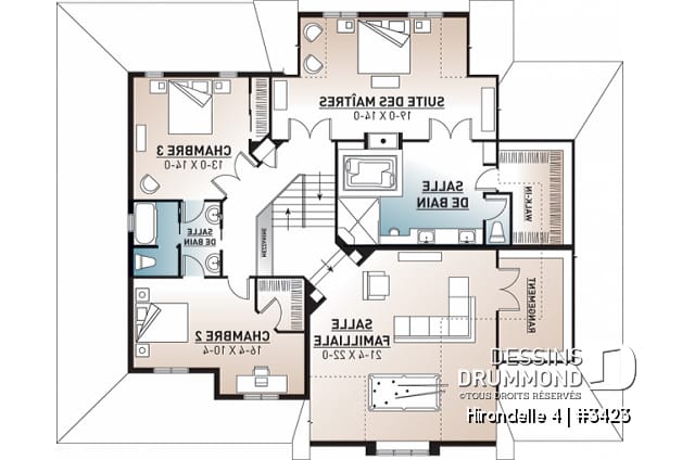 Étage - Plan de grande maison farmhouse champêtre, 3- 4 chambres, garage triple, 2 salons, bureau, foyer, buanderie - Hirondelle 4