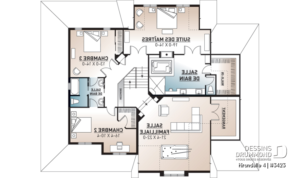 Étage - Plan de grande maison farmhouse champêtre, 3- 4 chambres, garage triple, 2 salons, bureau, foyer, buanderie - Hirondelle 4