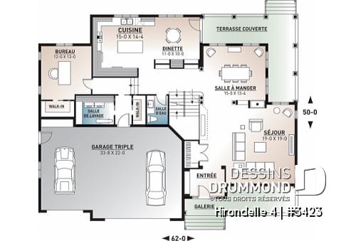 Rez-de-chaussée - Plan de grande maison farmhouse champêtre, 3- 4 chambres, garage triple, 2 salons, bureau, foyer, buanderie - Hirondelle 4