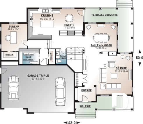 Rez-de-chaussée - Plan de grande maison farmhouse champêtre, 3- 4 chambres, garage triple, 2 salons, bureau, foyer, buanderie - Hirondelle 4
