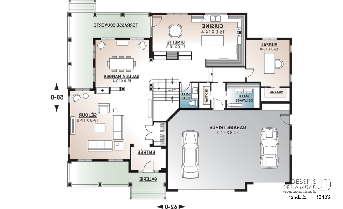 Rez-de-chaussée - Plan de grande maison farmhouse champêtre, 3- 4 chambres, garage triple, 2 salons, bureau, foyer, buanderie - Hirondelle 4