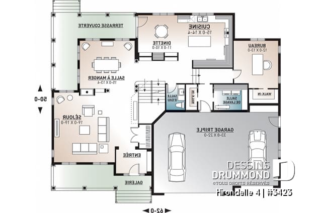 Rez-de-chaussée - Plan de grande maison farmhouse champêtre, 3- 4 chambres, garage triple, 2 salons, bureau, foyer, buanderie - Hirondelle 4